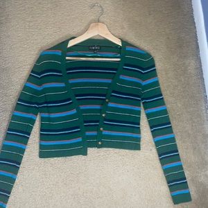 TIMING CROPPED GREEN STRIPED CARDIGAN